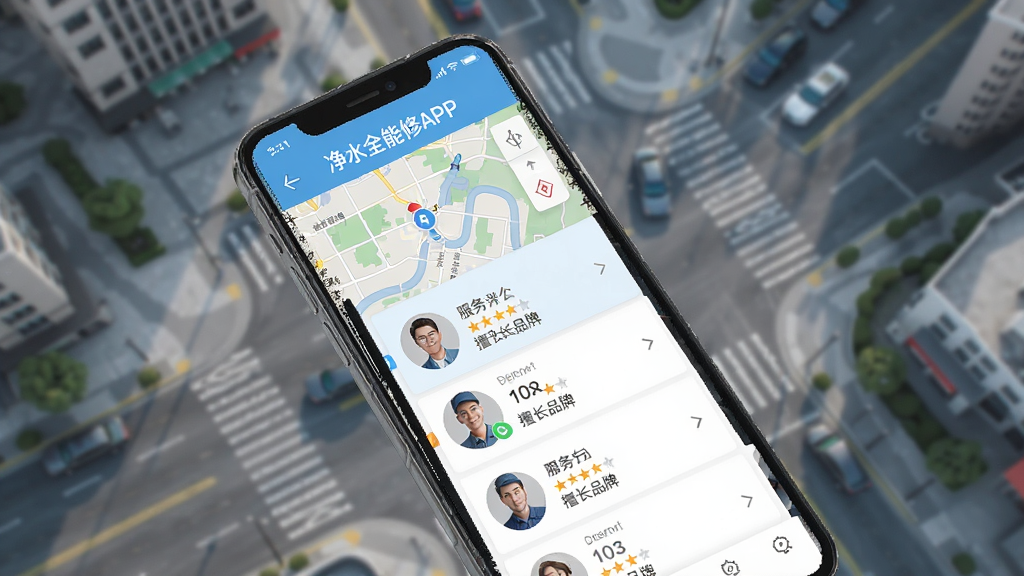 ��ˮȫ����APP����ʦ��ҳ�棬�ֻ���Ļ��ʾ��ͼ�����ʦ���б���ÿλʦ��ͷ���Ա�ע�����������ó�Ʒ�ƣ������ǳ��нֵ�����ͼ������ɫ��������ͣ��������������дʵ��ϸ�ڵ�λ�����ʸ��壬�ɾ��޶���Ԫ��