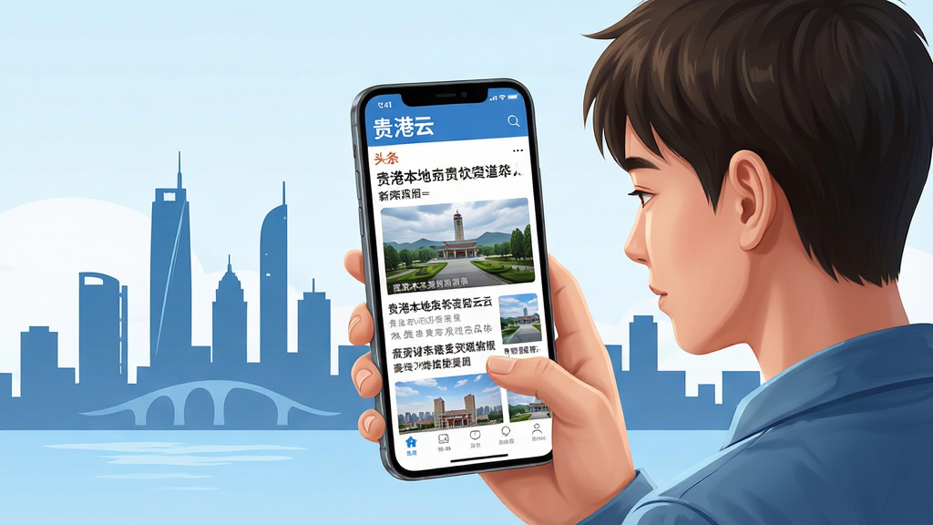 一幅以“贵港云”新闻资讯功能为主题的AI生图,画面主体为一位年轻人手持手机浏览新闻,手机屏幕突出显示贵港本地新闻标题和图片,背景为贵港城市天际线剪影,布局采用中心聚焦式构图,风格为写实插画风,细节上手机界面文字标注“贵港云”和“头条”,画质高清,干净明亮,无多余元素