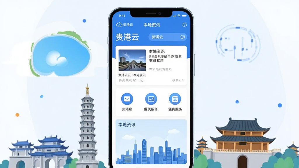 一幅展示贵港云手机应用界面的数字插画,画面主体是一部智能手机居中放置,屏幕内显示贵港云APP首页,包含新闻资讯卡片、便民服务图标和贵港城市剪影,整体布局为横向宽幅构图,手机两侧环绕贵港地标建筑如东湖、南山寺的扁平化插画元素,风格为现代简约科技风,色调以蓝色和白色为主,细节上屏幕内文字标注“贵港云”和“本地资讯”,画质清晰干净,无多余元素