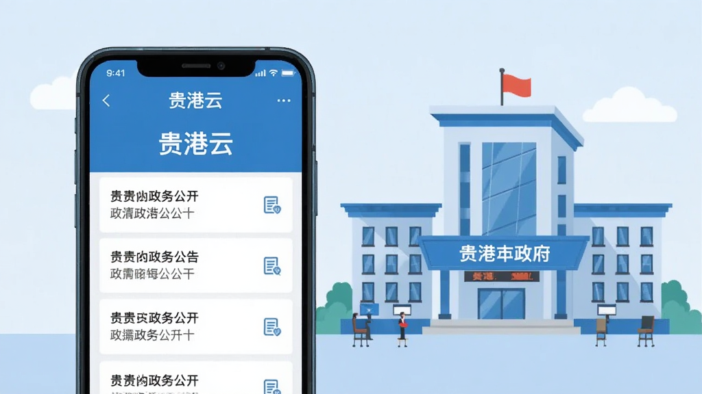 一幅展示“贵港云”政务发布功能的AI生图,画面主体为政务大厅场景,前景是一部手机屏幕显示政务公告列表,背景是贵港市政府大楼的简化插画,布局为左右分栏式,左侧手机右侧建筑,风格为扁平化政务蓝风格,细节上屏幕文字标注“贵港云”和“政务公开”,画质干净,无多余元素