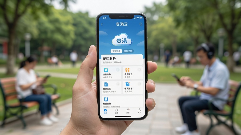 一幅展示“贵港云”移动端使用场景的AI生图,画面主体为一只手握持手机,屏幕显示贵港云服务页面,背景为贵港市民在公园使用手机的场景虚化,布局为竖版特写构图,风格为生活写实风,细节上手机界面文字标注“贵港云”和“便民服务”,画质清晰自然,无多余元素