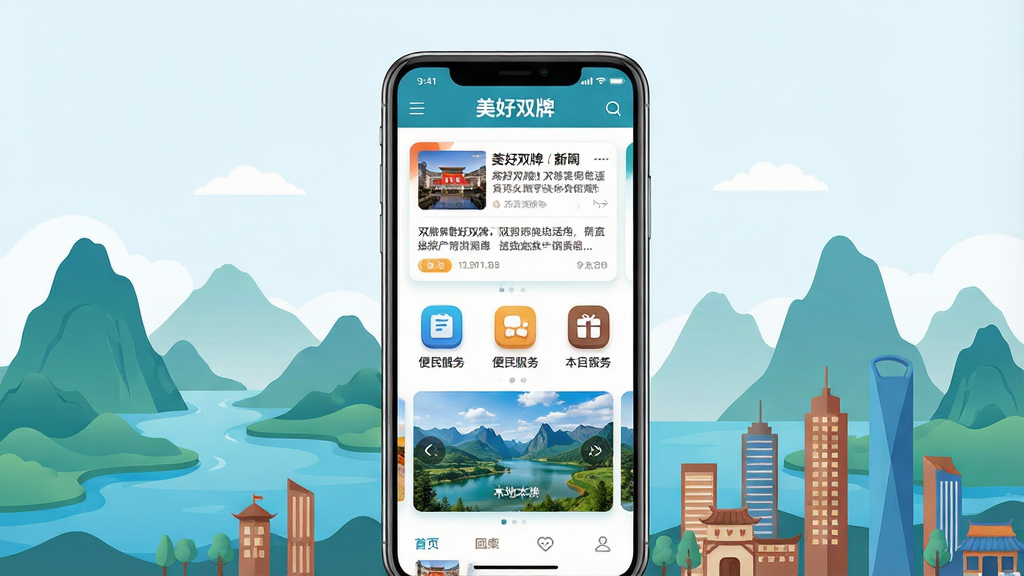 一幅展现双牌本地生活资讯的手机应用界面全景图,画面中央是一部智能手机,屏幕上方显示“美好双牌”应用首页,包含新闻资讯卡片、便民服务图标和本地风景轮播图,手机周围环绕着双牌标志性的山水剪影和城市建筑元素,布局采用居中对称排版,风格为现代扁平化插画,细节上突出应用图标的立体感和文字清晰度,画质为高清4K,画面干净整洁,无多余杂乱元素