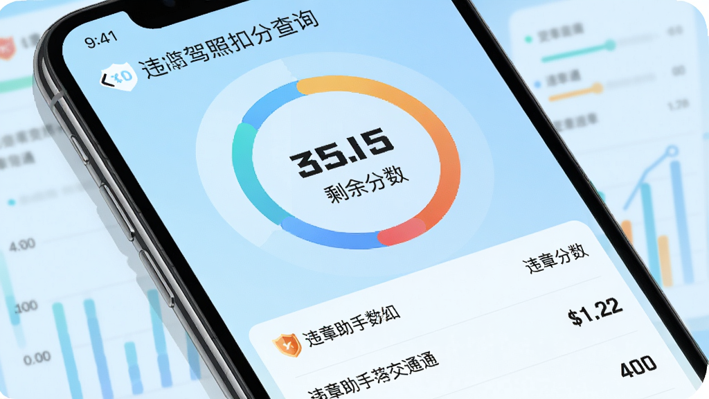 手机屏幕显示违章助手交通通的驾照扣分查询页面,页面以环形图展示已扣分数和剩余分数,下方列出违章扣分明细,背景为浅蓝色渐变,布局为上下结构,风格为清新数据可视化风,细节包括分数数字加粗显示和违章助手交通通logo,画质高清,干净,无多余元素