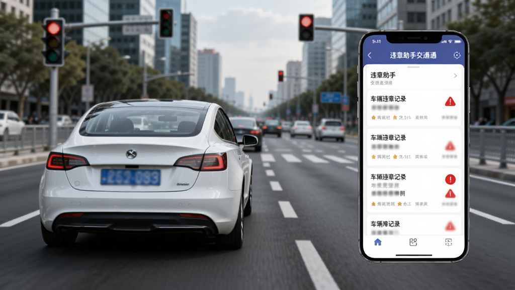 一辆白色轿车行驶在城市道路上,手机屏幕悬浮在画面右侧显示违章助手交通通的查询结果页面,页面包含车辆违章记录列表和红色警示标记,背景是城市道路和交通信号灯,布局为左车右屏,风格为写实科技风,细节包括车牌号码模糊处理、手机界面清晰可见违章助手交通通字样,画质高清,干净,无多余元素