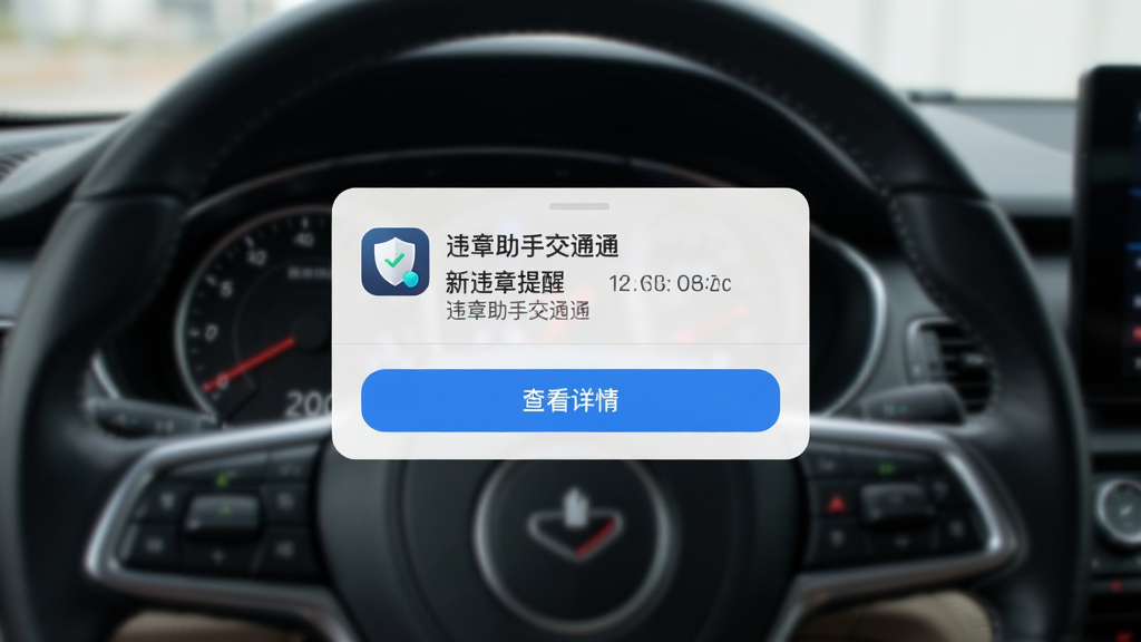 手机界面展示违章助手交通通的违章推送通知弹窗,弹窗内显示新违章提醒和查看详情按钮,背景为汽车仪表盘和方向盘,布局为中央弹窗、四周虚化,风格为简洁现代UI风,细节包括通知时间戳和违章助手交通通图标,画质高清,干净,无多余元素