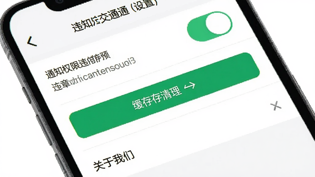 手机屏幕展示违章助手交通通的设置页面,页面中包含通知权限开关、缓存清理按钮和关于我们选项,背景为白色,布局为纵向列表,风格为扁平化设计,细节包括绿色开关按钮和违章助手交通通底部版本号,画质高清,干净,无多余元素