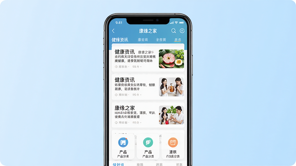 康缘之家APP主界面展示,画面中央放置一部智能手机,屏幕显示康缘之家应用首页,包含健康资讯列表和产品分类图标,背景为浅蓝色渐变,布局简洁大方,风格现代扁平化,细节清晰,画质高清,干净无多余元素