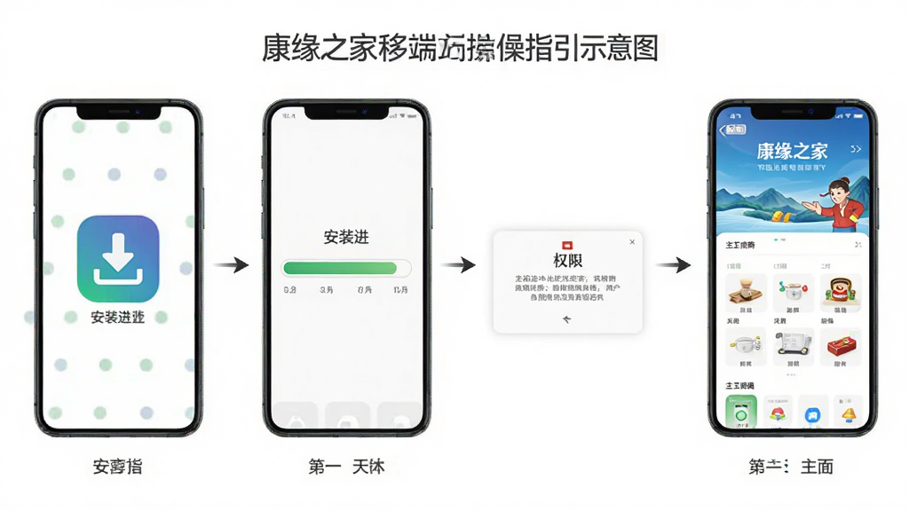 康缘之家移动端操作指引示意图,画面展示手机屏幕从安装到使用的完整流程,包含下载图标、安装进度条、权限弹窗、主界面等步骤,布局为横向流程图,风格简洁明了,细节清晰,画质高清,干净无多余元素