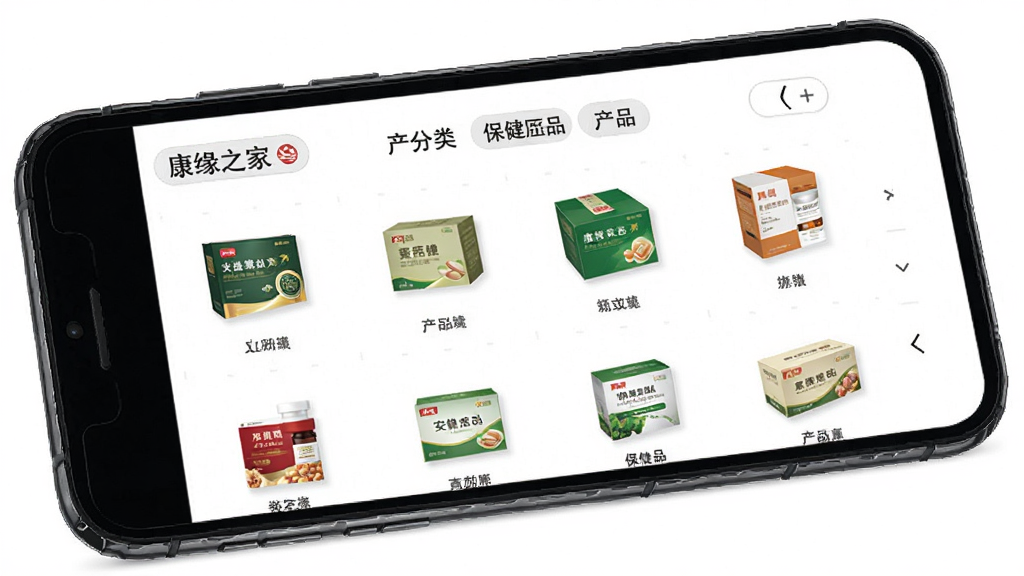 康缘之家产品展示页面,手机屏幕显示产品列表,包含多种药品和保健品包装盒图标,分类标签清晰可见,背景为白色,布局整齐有序,风格简约商务,细节精致,画质高清,干净无多余元素