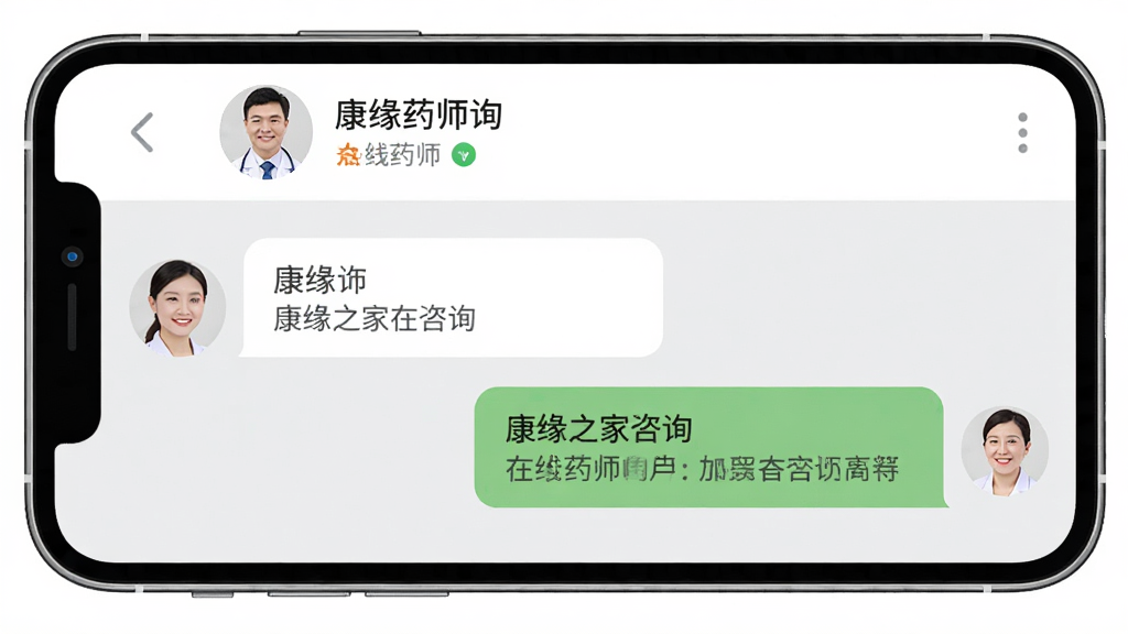 康缘之家在线咨询界面,手机屏幕显示聊天对话窗口,左侧为用户提问气泡,右侧为药师专业回复气泡,顶部显示在线药师头像和状态,背景为浅灰色,布局清晰,风格友好温馨,细节到位,画质高清,干净无多余元素
