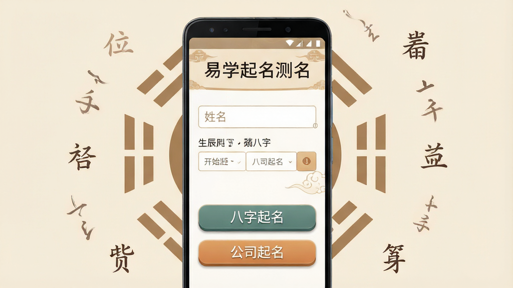 一张展示易学起名测名软件主界面的图片。画面中央是一台竖屏安卓手机,屏幕内显示软件首页,顶部有