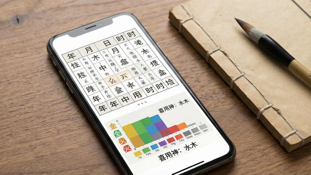 一张展示易学起名测名八字分析界面的手机截图。画面中手机屏幕显示一个八字排盘表格,包含年柱、月柱、日柱、时柱的天干地支,下方有五行分布条形图,分别用不同颜色标注金木水火土的比例,旁边有