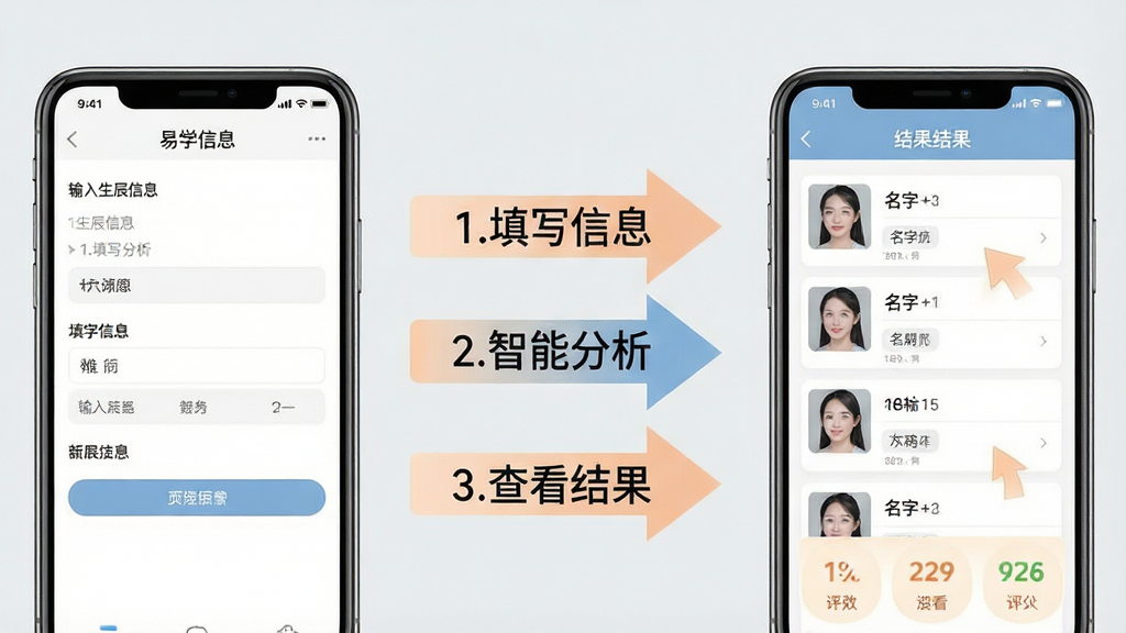 一张展示易学起名测名新手操作流程的示意图。画面分为左右两部分,左侧是手机界面截图展示输入生辰信息的步骤,右侧是结果页面展示名字列表和评分。中间用箭头连接,箭头旁标注