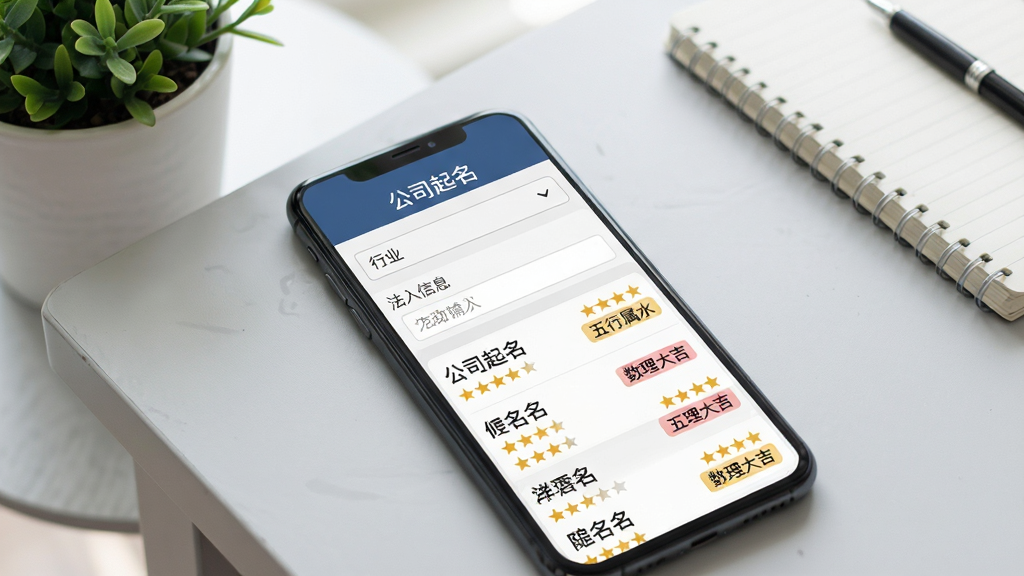 一张展示易学起名测名公司起名功能的手机界面图。手机屏幕显示公司起名页面,上方有
