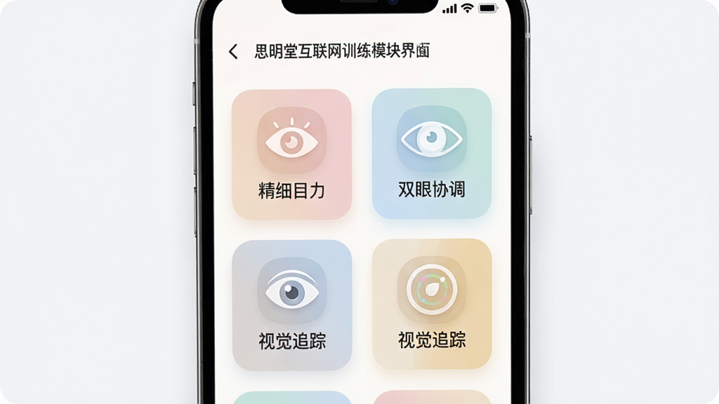 一张展示思明堂互联网训练模块选择界面的预览图,画面中手机屏幕显示多个训练模块图标,包括“精细目力”“双眼协调”“视觉追踪”等,图标采用圆角卡片设计,配色柔和,背景干净,画质高清,无多余元素