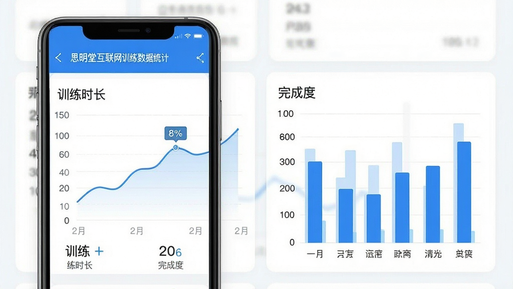 一张展示思明堂互联网训练数据统计页面的预览图,画面中手机屏幕显示折线图与柱状图,标注“训练时长”“完成度”等数据指标,界面风格清爽,配色以蓝白为主,画质高清,干净整洁