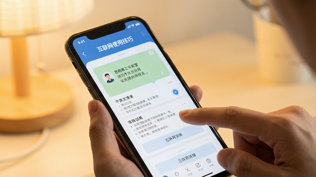 一张展示思明堂互联网使用技巧的示意图,画面中手机屏幕显示训练界面,旁边有手指点击屏幕的动作,背景为柔和的暖色调,风格生活化,细节清晰,画质高清,干净无多余元素