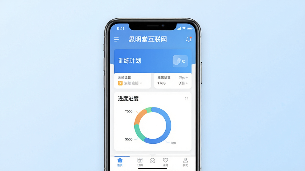 一张展示思明堂互联网软件主界面的预览图,画面中央是手机屏幕,屏幕内显示“思明堂互联网”软件首页,包含训练计划卡片、进度环形图和底部导航栏,背景为干净的浅蓝色渐变,风格简洁现代,细节清晰,画质高清,干净无多余元素