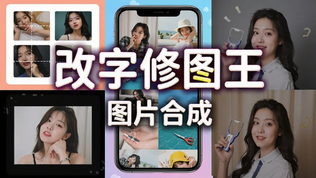 一张展示改字修图王图片合成功能的图片,主体为手机屏幕显示多张图片拼接合成效果,布局为多图组合展示,排版为方形构图,风格活泼鲜艳,细节包括拼图模板、合成预览、背景替换效果,画质高清干净无多余元素,图片中文字标注