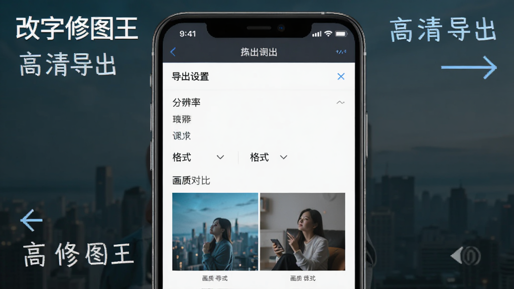 一张展示改字修图王高清导出的图片,主体为手机屏幕显示导出设置界面和高质量图片预览,布局为上下结构,排版为竖版构图,风格专业简洁,细节包括分辨率选项、格式选择、画质对比效果,画质高清干净无多余元素,图片中文字标注