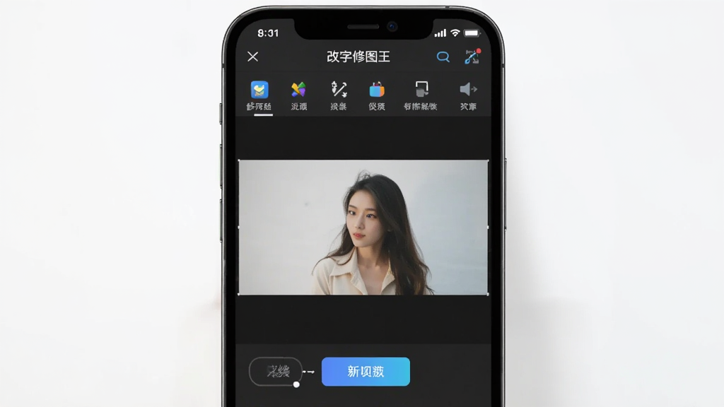 一张手机屏幕展示改字修图王软件界面的图片,主体为手机居中放置,屏幕显示图片编辑界面带有文字修改工具栏,背景为浅灰色简洁风格,排版为竖版海报构图,风格现代科技感,细节包括工具栏图标、图片预览区域、功能按钮,画质高清干净无多余元素,图片中文字标注