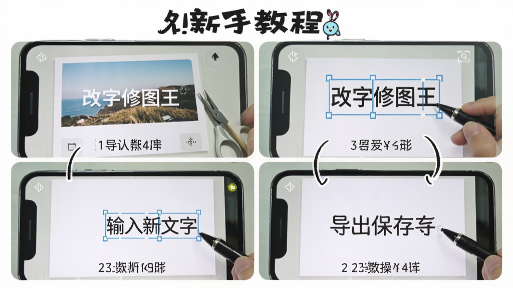 一张展示改字修图王新手操作步骤的图片,主体为手机屏幕显示分步操作指引,布局为四格步骤图排列,排版为竖版构图,风格清新教学风,细节包括导入图片、框选文字、输入新文字、导出保存四个步骤,画质高清干净无多余元素,图片中文字标注