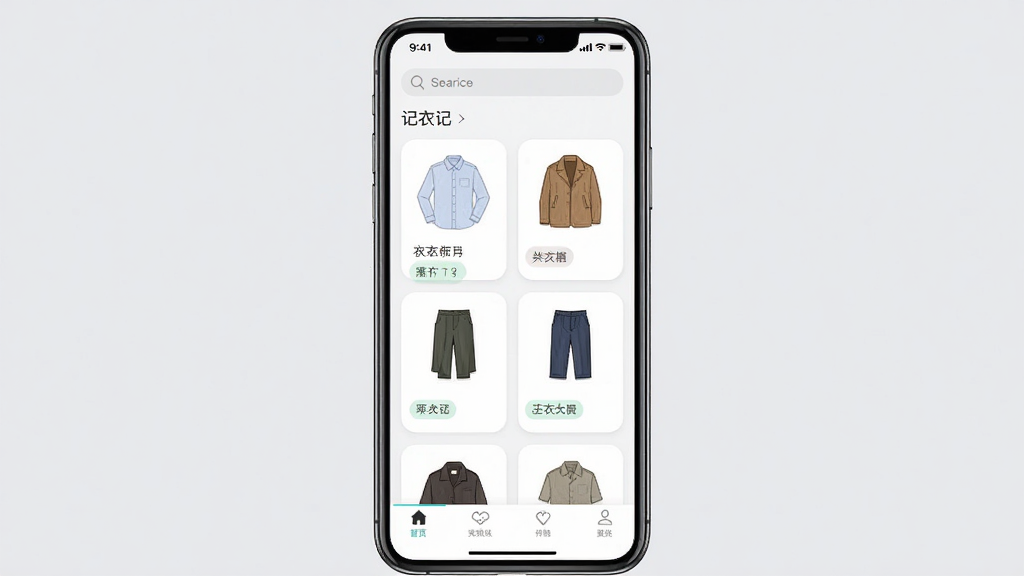 记衣记软件主界面预览图,画面主体是一部智能手机,屏幕中显示记衣记电子衣橱列表,包含衬衫、外套、裤子等衣物缩略图与分类标签,布局简洁清晰,风格为清新浅色扁平化设计,细节包含顶部搜索栏、底部导航按钮、衣物卡片圆角边框,画质高清,干净无多余元素,背景为纯色淡灰,整体排版居中,模拟真实APP截图效果