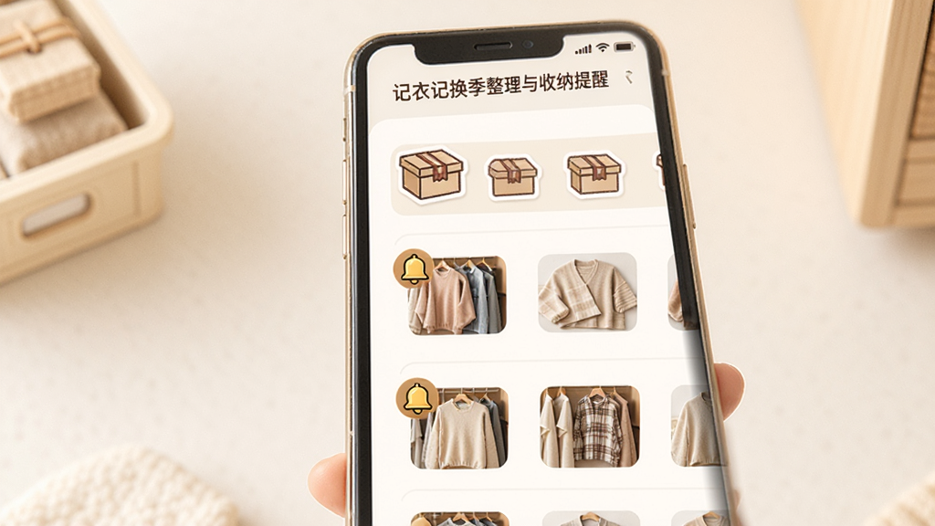 记衣记换季整理与收纳提醒功能展示图,画面主体为手机屏幕显示收纳箱与衣物位置标记界面,布局为列表式收纳位置与衣物缩略图,排版有序,风格为温馨居家风格,细节包含标签贴纸、收纳箱图标、提醒铃铛小标识,画质清晰,干净无多余元素,背景为暖白色,整体柔和舒适