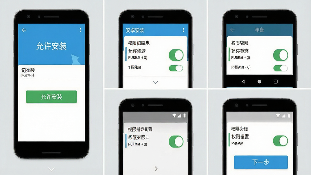 记衣记安卓版安装与权限设置操作流程图,画面主体为手机屏幕分步展示安装界面与权限开关,布局为上下排列的步骤截图,排版清晰,风格为扁平化教程风格,细节包含“允许安装”按钮、权限开关滑块、下一步箭头,画质高清,干净无多余元素,背景为浅灰色,整体直观易懂