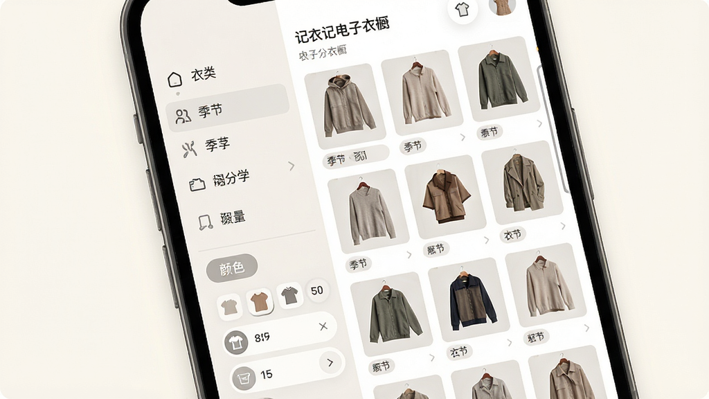 记衣记电子衣橱管理功能展示图,画面主体为手机屏幕中显示衣物分类管理界面,布局为左侧分类导航栏与右侧衣物缩略图网格,排版整齐,风格为现代简约浅色系,细节包含季节标签、颜色筛选按钮、衣物数量统计小图标,画质清晰,干净无多余元素,背景为柔和米白色,整体视觉舒适
