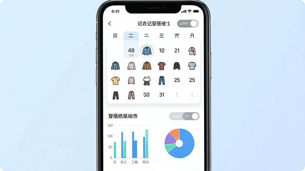 记衣记穿搭记录与统计功能界面图,画面主体为手机屏幕显示穿搭日历与统计图表,布局为上方日历视图、下方柱状图与饼图,排版清晰,风格为清新数据可视化风格,细节包含穿着次数数字、衣物缩略图小图标、月份切换按钮,画质高清,干净无多余元素,背景为浅蓝色渐变,整体简洁明了