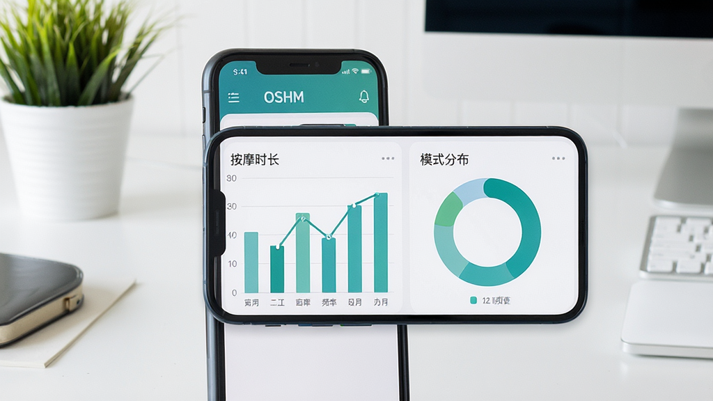 一张展示OSIM应用程序健康数据仪表盘的图片,手机屏幕显示柱状图和环形图,图表中标注按摩时长、频率和模式分布,界面配色为清新蓝绿色调。背景为简洁的办公桌面,有绿植点缀,风格商务清新,细节清晰,画质高清,干净无多余元素。