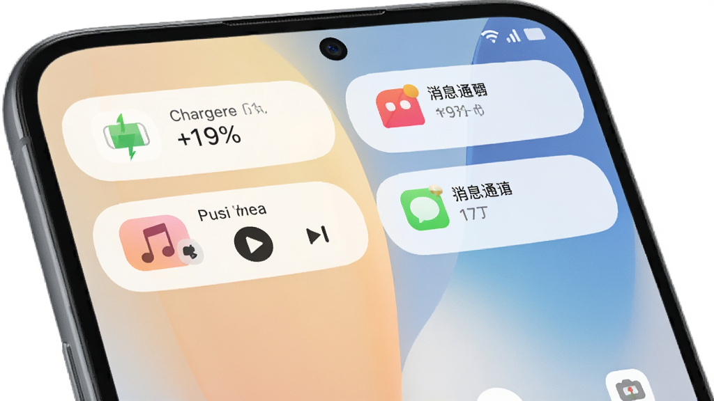 一张展示灵动坞多场景通知提醒的图片,画面中一部安卓手机屏幕顶部同时展示多个灵动坞胶囊卡片,分别显示充电百分比、音乐播放控制和消息通知图标,卡片排列整齐,手机背景是浅色渐变壁纸,整体风格清新简洁,画质高清、无多余元素