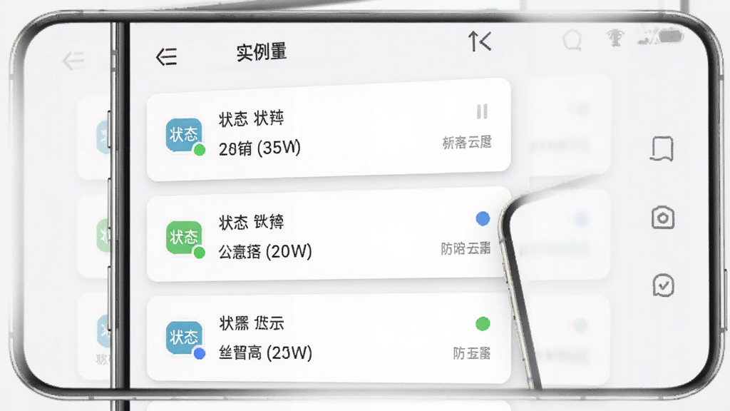 龙虾云手机 新手操作界面截图 画面中一部手机屏幕显示云手机管理列表 列表中有多个实例卡片 每个卡片标注状态与配置信息 背景为浅色界面 布局为垂直列表 风格为现代扁平UI 细节包括卡片阴影、状态指示灯颜色区分 画质清晰 干净 无多余元素