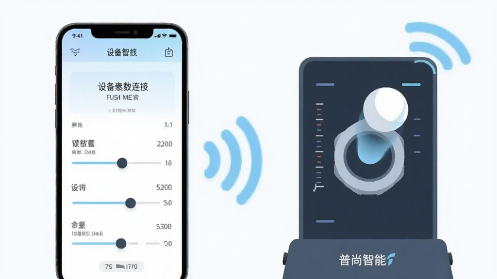 一部手机与乒乓球发球机之间以淡蓝色无线信号线条相连,手机屏幕显示设备已连接状态与参数调节滑块,发球机出球口有一颗乒乓球处于半空运动状态,布局为左右对称,风格为科技感扁平插画,细节包括信号波纹图标与参数刻度,画质清晰,干净,无多余元素,画面中文字标注“普尚智能”