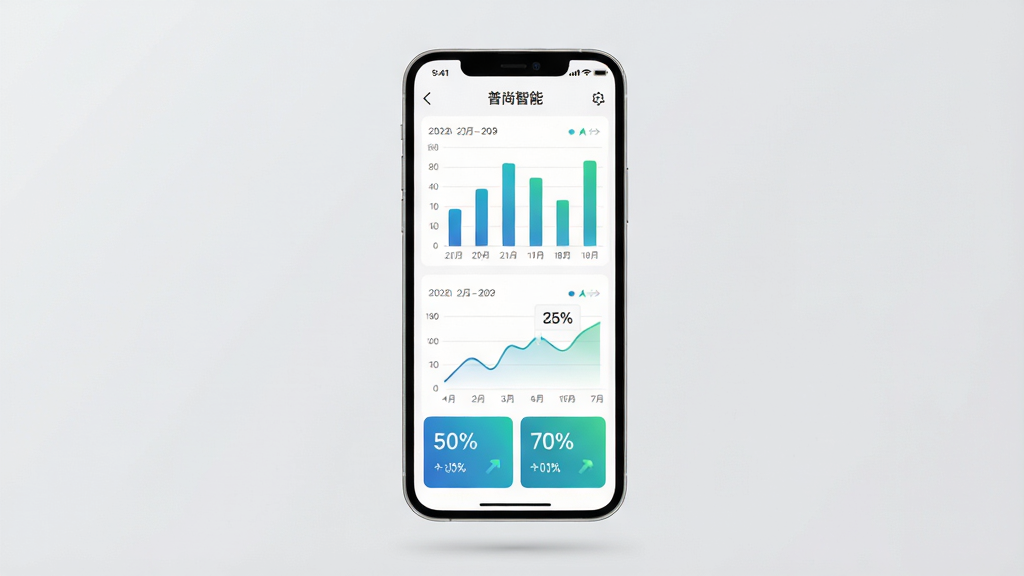 手机屏幕内展示运动数据统计页面,包含柱状图、折线图与数字卡片,图表颜色为蓝绿渐变,手机悬浮在浅灰色背景中央,布局为上下结构,风格为现代简约数据可视化,细节包括日期标签、百分比数值与趋势箭头,画质清晰,干净,无多余元素,画面中文字标注“普尚智能”