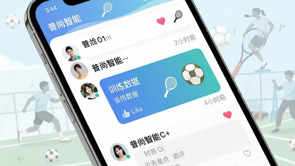 手机屏幕显示社区动态列表,包含用户头像、训练数据卡片与评论互动区域,背景为浅色运动主题,布局为纵向滚动信息流,风格为清新社交应用界面,细节包括点赞图标、球拍小图标与时间戳,画质清晰,干净,无多余元素,画面中文字标注“普尚智能”