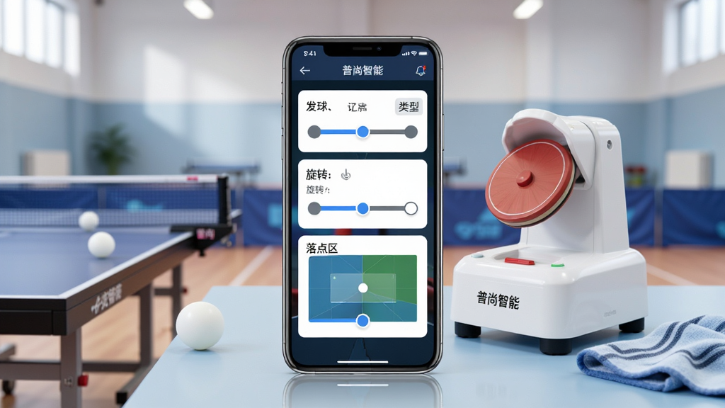 画面中央展示一部智能手机,屏幕内呈现乒乓球训练控制界面,包含发球速度、旋转类型、落点区域等调节模块,手机旁放置一台白色乒乓球发球机,背景为明亮整洁的室内训练馆,布局采用居中构图,风格为写实产品展示风,细节包括球台一角、散落的乒乓球与运动毛巾,画质清晰,干净,无多余元素,画面中文字标注“普尚智能”
