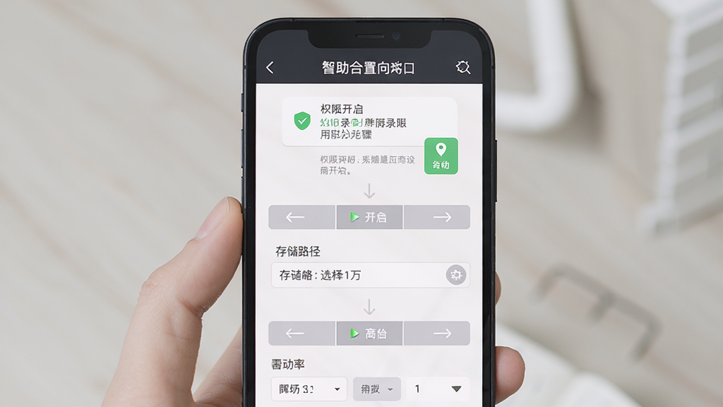 一张展示高清屏幕录制助手新手操作步骤的图片,主体是手机屏幕显示录屏设置向导界面,布局为从上到下的步骤条,风格为扁平化设计,细节包括权限开启提示、存储路径选择和分辨率选项,画质为高清,干净无多余元素。