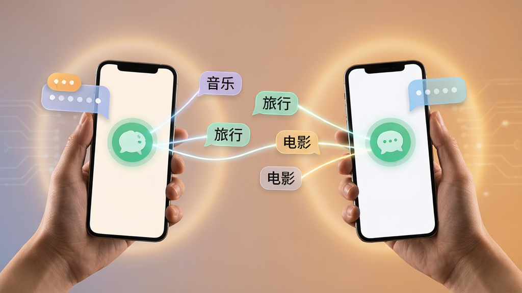 一张表现“想聊”智能匹配功能的场景图,画面主体是两只手各持手机,屏幕之间用发光线条连接,线上漂浮着兴趣标签如音乐、旅行、电影,布局左右对称,风格科技感与温暖感结合,细节有柔和光晕和聊天气泡,画质清晰,干净无多余元素