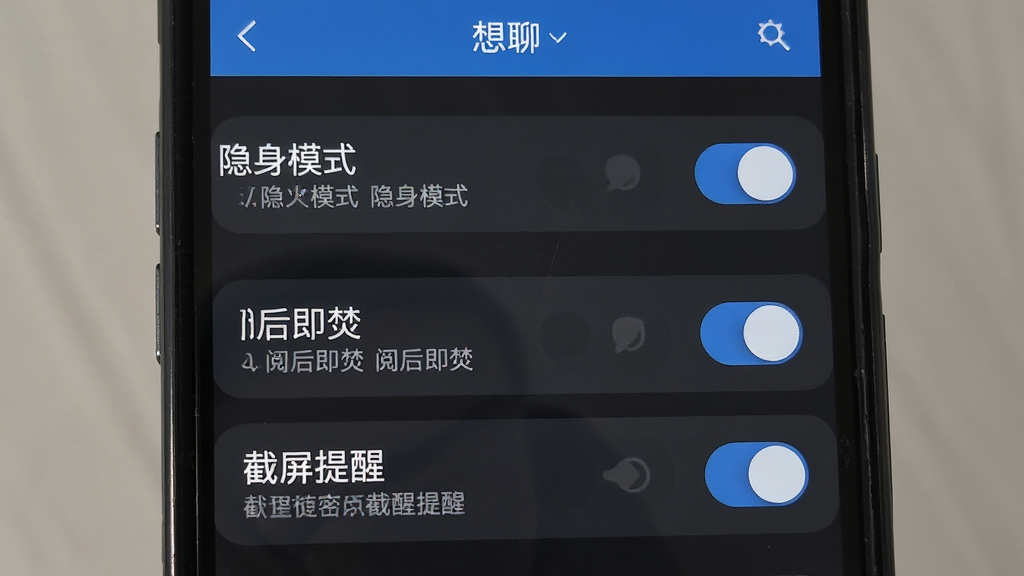 一张“想聊”安全设置界面的手机截图生图,画面为手机屏幕,显示隐私开关列表,包括隐身模式、阅后即焚、截屏提醒等选项,配色为深灰与蓝色,布局纵向排列,风格简洁工具风,细节有开关按钮和说明文字,画质清晰,干净无多余元素