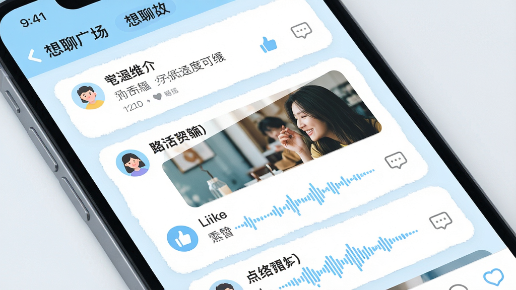 一张“想聊”动态广场界面的生图,画面为手机屏幕特写,显示瀑布流动态卡片,包含图片、文字和语音波形,配色以浅蓝和白色为主,布局错落有致,风格清爽社交风,细节有头像、点赞按钮和评论图标,画质高清,干净无多余元素