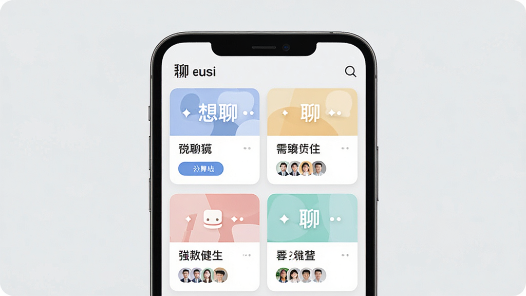 一张展示“想聊”兴趣群组页面的图片,画面中心是手机屏幕,屏幕内显示多个群组卡片,每个卡片带有主题图标和成员头像,背景为淡灰色,风格简约扁平,细节有加入按钮和群名称文字,画质清晰,干净无多余元素