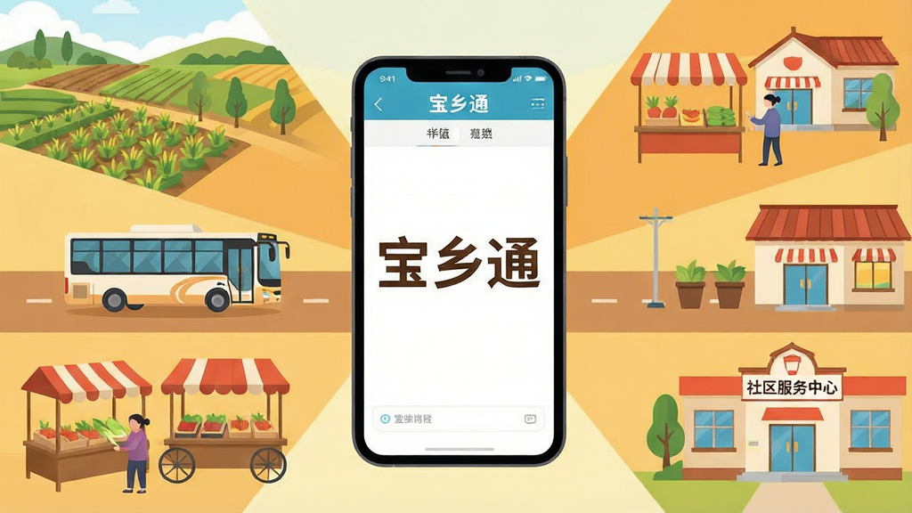 一幅展现中国现代化乡镇生活场景的插画,画面中央是一部智能手机,手机屏幕上清晰显示着“宝乡通”三个大字的应用界面,周围环绕着农田、乡镇公交、集市、社区服务中心等元素,布局采用中心发散式构图,风格为扁平化矢量插画,色彩温暖明亮,细节丰富,画质清晰,干净整洁,无多余元素