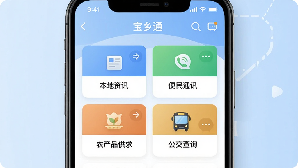 一幅展示“宝乡通”应用核心功能模块的界面截图风格图片,画面以手机屏幕为载体,屏幕上排列着四个主要功能卡片,分别标注着“本地资讯”、“便民通讯”、“农产品供求”、“公交查询”,背景为柔和的浅蓝色渐变,风格为现代UI设计展示图,细节清晰,画质干净,无多余元素