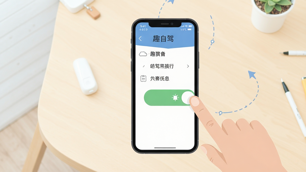 趣自驾新手使用教程示意图,画面中一部手机显示趣自驾设置页面,旁边有手指点击权限开关的示意,背景为简洁的浅色桌面,主体明确,布局清晰,排版直观,风格扁平化,画质高清,干净,无多余元素