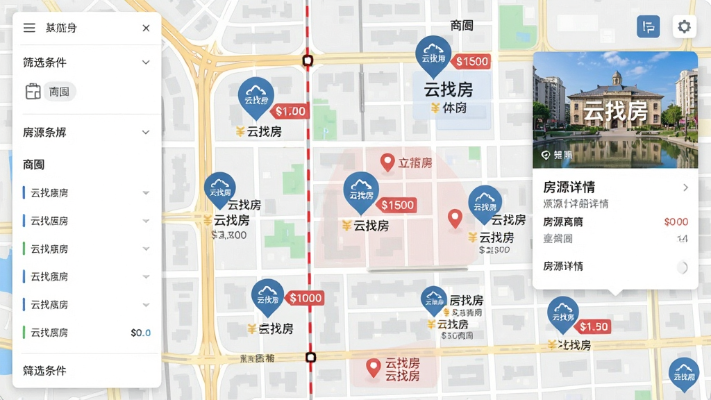 一张俯视视角的城市地图界面,地图上散布着多个
