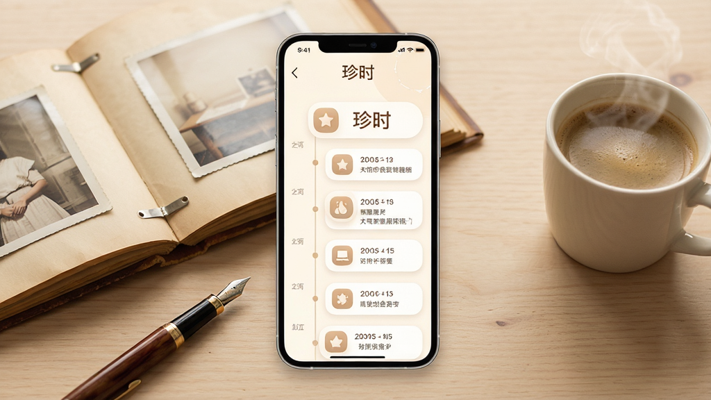 一张竖版手机应用界面展示图,画面中央是一部现代智能手机,屏幕上显示着「珍时」应用的时光轴主界面,背景是柔和的米白色与浅木色桌面,旁边散落着一本翻开的旧相册、一支钢笔和一杯冒着热气的咖啡,整体风格温暖治愈,细节包括时间轴卡片上的文字和圆角图标,画质高清,干净无多余元素