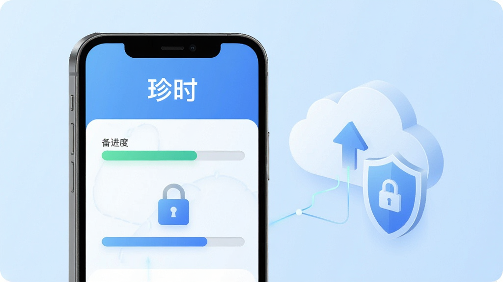 一张「珍时」数据安全与备份功能示意图,画面中手机屏幕显示备份进度条和加密锁图标,旁边有云朵和盾牌元素,背景为浅蓝色渐变,风格科技简洁,文字「珍时」出现在屏幕顶部,画质清晰,干净无多余装饰