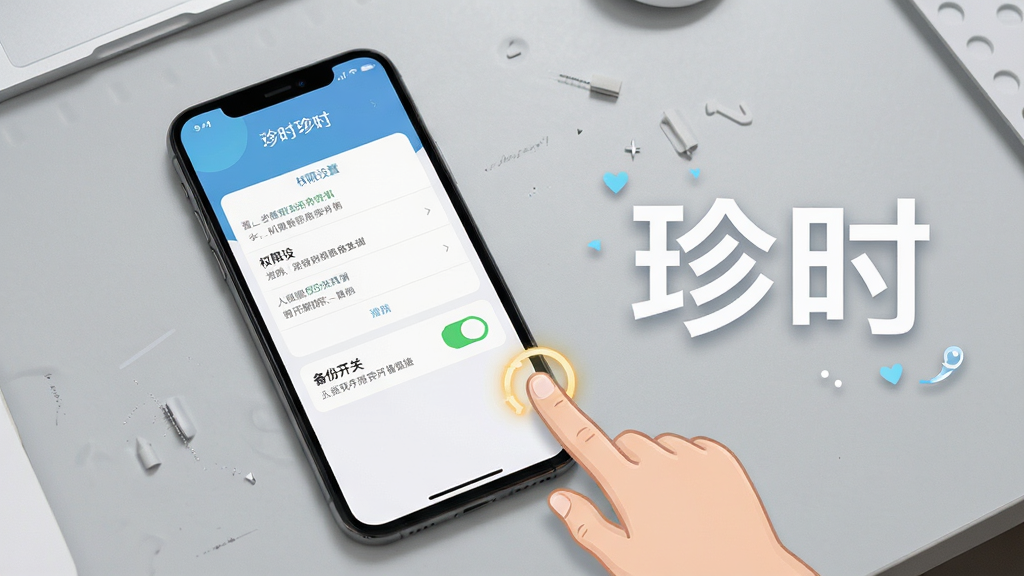 一张「珍时」新手设置引导图,画面中手机屏幕显示权限设置和备份开关界面,旁边有手指点击的动画示意,背景为浅灰色工作台,风格简洁实用,文字「珍时」清晰可见,画质高清,无杂乱元素